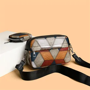 Retro color-block crossbody square bag with matching coin purse and wide strap