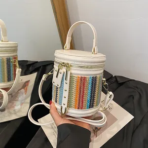 Women Fashion Cylindrical Straw Woven Bucket Bag Spliced PU Leather Shoulder Crossbody Bag Handbag For Summer Vacation