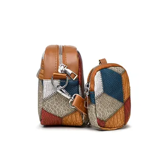 Vintage patchwork crossbody bag set with contrast leather textures and silver hardware
