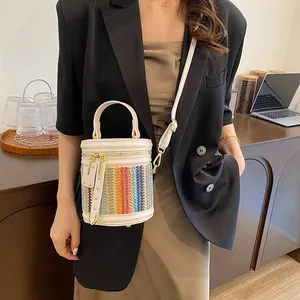 Chic multi-color woven straw bucket bag with beige leather trim and a top handle