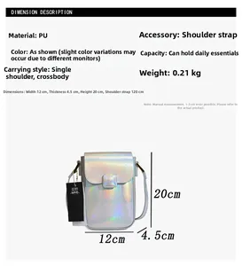 Detailed dimensions of holographic PU mini crossbody phone bag with size annotations