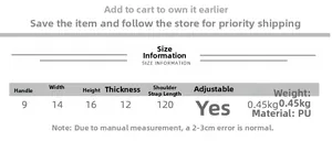 Tableau des tailles détaillé et spécifications du sac seau en PU avec dimensions et poids