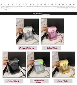 Mini crossbody phone bags in silver, pink, black, laser, and gold finishes with size scale