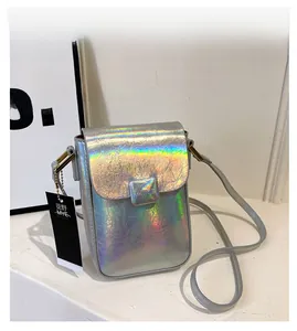 Detailed macro view of an iridescent laser leather phone bag with metallic crackle texture