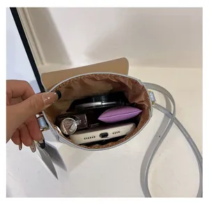 Internal view of light grey mini crossbody bag showing space for phone and makeup