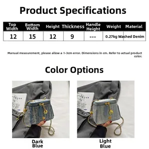 Size chart showing dimensions for striped denim bucket bag with chain strap details
