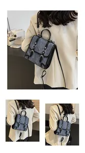 Detail of retro backpack with marble texture and black leather straps in lifestyle scenes