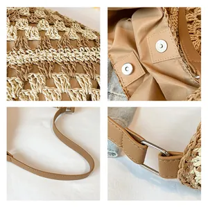 Détails du sac tissé avec fermoirs magnétiques, texture bicolore et anses en cuir