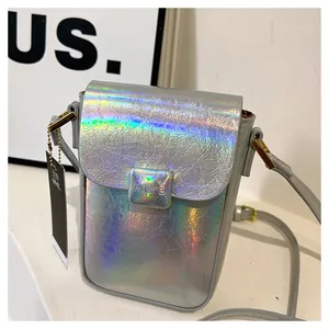 Detail of silver laser iridescent crossbody phone bag with crinkle texture and logo