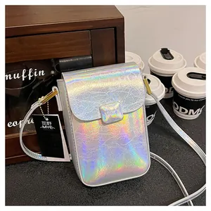 Close-up of laser holographic mobile phone bag with iridescent crinkle texture and flap