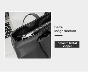 Detail magnification of smooth silver metal zipper on waterproof nylon tote bag