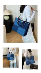 Détail du sac cabas en patchwork de denim avec ferrures dorées et bandoulière