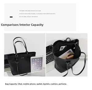 Black waterproof nylon tote showing spacious interior capacity for iPad and daily items