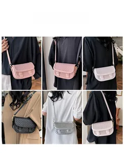 Detailed grid view of stylish crossbody saddle bags in pink, black, silver, and beige colors