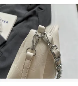 Close-up of beige pleated leather bag with shiny silver chain and hardware detail