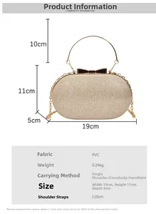Detail view of gold glitter evening bag with bow clasp, dimensions 19x11x5cm and chain strap