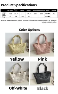 Size chart for women hollow-out PU tote bag showing dimensions and specifications