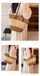 Detailed macro view of tricolor woven straw tote bag with wavy patterns and leather straps
