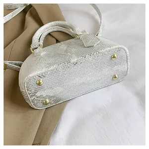 Detailed macro view of silver snakeskin texture and golden protective rivets on bag base