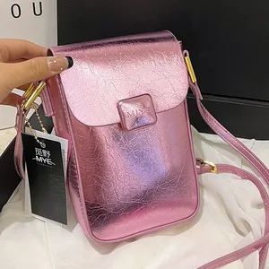 Women Fashion PU Leather Mobile Phone Bag Metallic Wrinkled Small Crossbody Bag Mini Vertical Square Handbag Casual Shoulder Bag
