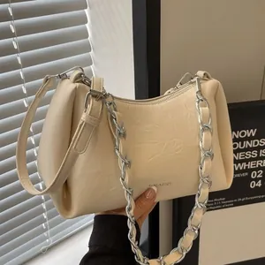 Women PU Leather Underarm Bag Fashion Pleated Chain Shoulder Bag Small Square Solid Color Daily Crossbody Bag Trend Purse