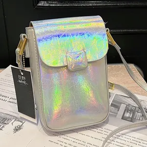 Iridescent silver phone crossbody bag with pleated texture and golden hardware