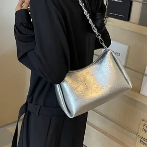 Silver wrinkled leather underarm bag with metal chain strap for women fashion