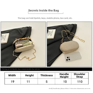 Detailed size chart for the glittery evening clutch with metal bow and chain strap