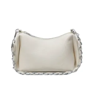 Minimalist off-white underarm bag with stylish silver chain strap and smooth zipper