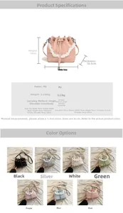 Detailed size specifications and color options for the drawstring bucket bag with pearl handle