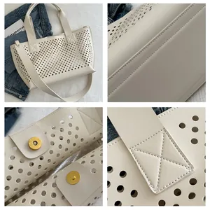 Detail shots of white perforated faux leather tote bag showing stitching and cutouts