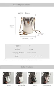Dimensions du sac seau à chaîne en argent avec 14cm de largeur et 18cm de hauteur en PU