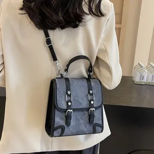 British style marble pattern backpack for women with leather trim and adjustable straps