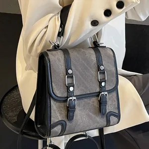 British style vintage grey canvas backpack with black leather straps for women
