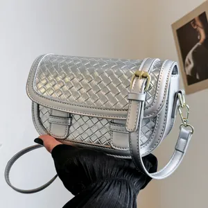 Women Woven PU Leather Saddle Crossbody Bag Adjustable Shoulder Strap Urban Minimalist Flap Handbag With Metal Buckle Daily Purse