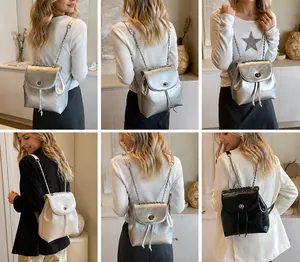 Mini-Rucksack für Damen in Silber, Weiß und Schwarz mit Kettenriemen und Drehverschluss-Detail