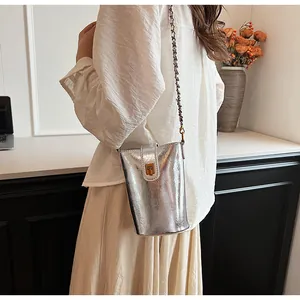 Détail du mini sac seau argenté avec bandoulière chaîne et fermoir doré chic