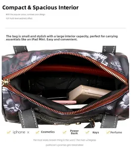 Interior view of skull print handbag showing capacity for iPad Mini and daily essentials