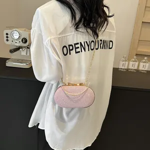 Women Elegant Glitter Sequin Evening Clutch Bag With Bowknot Clasp Round Handle Chain Strap Formal Banquet Party Handbag