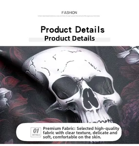 Close-up of premium black fabric featuring skull and red flower print texture
