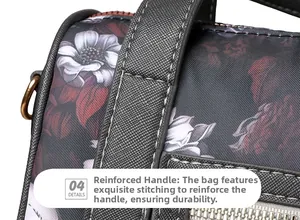 Close-up of reinforced handbag handle with contrast stitching and floral textured fabric