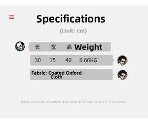 Detailed size chart for large capacity oxford backpack showing 30x15x40cm dimensions