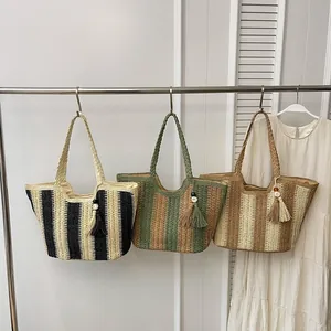 Borsa Tote da Donna in Paglia Intrecciata Bohemien Estiva Grande Capacità a Righe Borsa a Tracolla da Spiaggia Con Nappine
