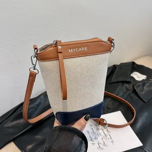 Sac Seau Femme Décontracté en Toile Cuir PU Bloc de Couleur Surpiqûres Bandoulière Réglable Fermeture Éclair Sac Bandoulière