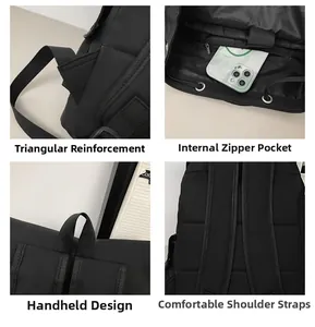 Detail showing reinforced seams, inner zip pocket, handle, and padded backpack straps