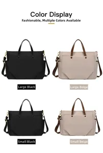 Detailed comparison of Large and Small nylon laptop tote bags in Black and Apricot colors