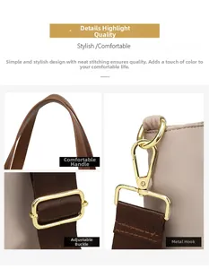 Detail of premium leather handles, adjustable strap and gold hardware on tote bag