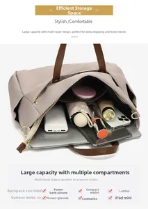 Detailed interior of large laptop tote bag with multiple compartments for electronics