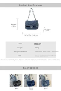 Vue détaillée des dimensions et de la bandoulière d'un sac en jean vintage
