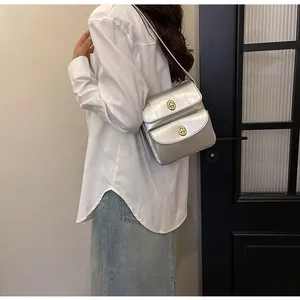 Detail van zilveren crossbodytas met dubbele vakken en gouden draaisluitingen